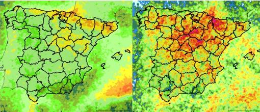 A la izquierda, el número medio de días de tormenta de enero a mayo (periodo de referencia 2007-2016). A la derecha, este 2020