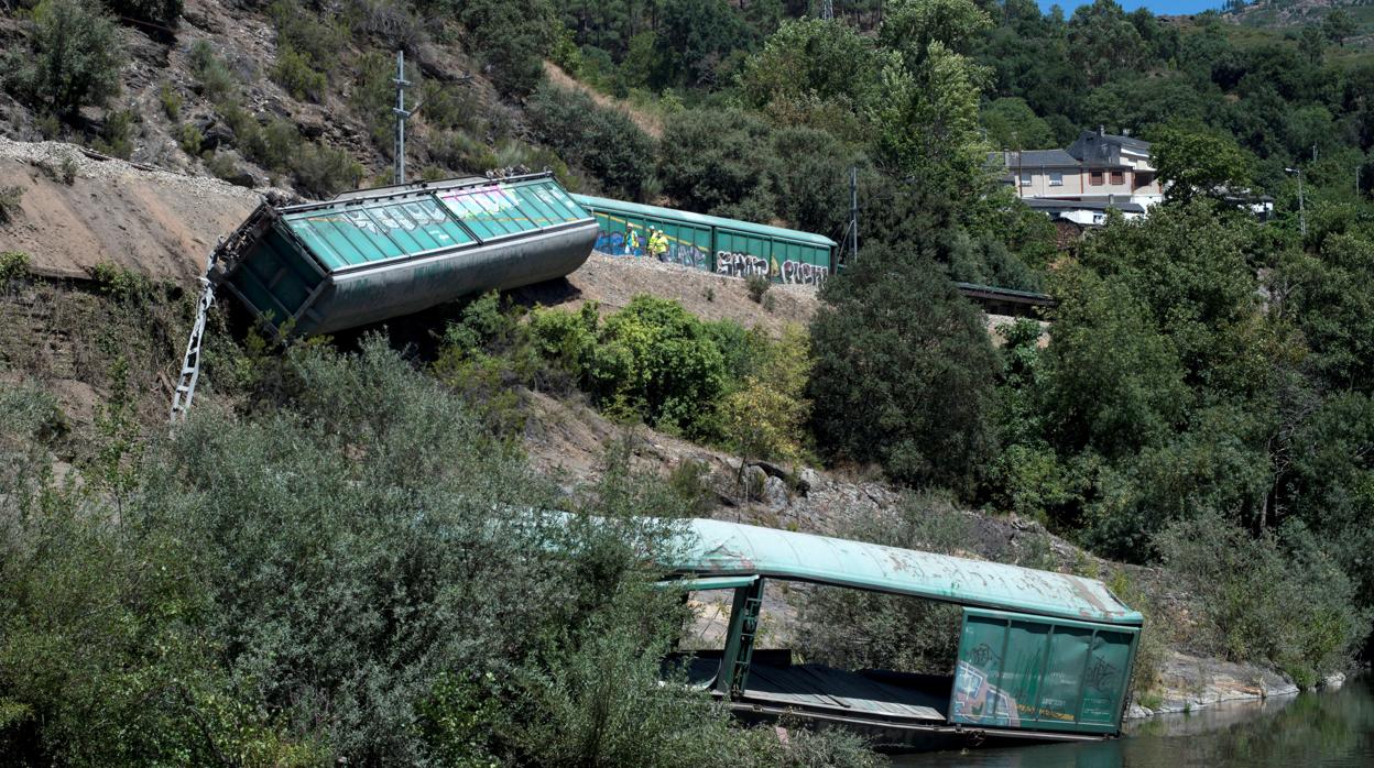 Vista de los dos vagones de un tren de mercancías en el Sil