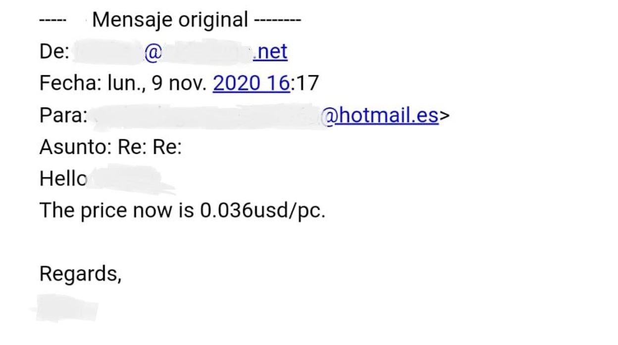 Detalle de un correo electrónico en el que una fábrica china da precio a un importador español