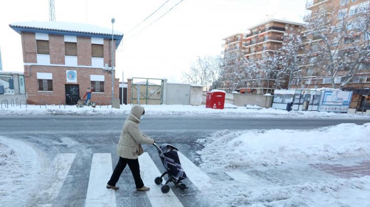 Una mujer camina con un carro de la compra por una vía nevada de Teruel, Aragón
