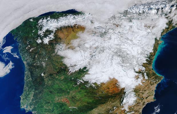 La nieve cubre gran parte de España a vista de satélite