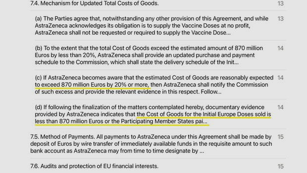 El contrato de Bruselas y AstraZeneca es de 870 millones de euros, según los comentarios al margen