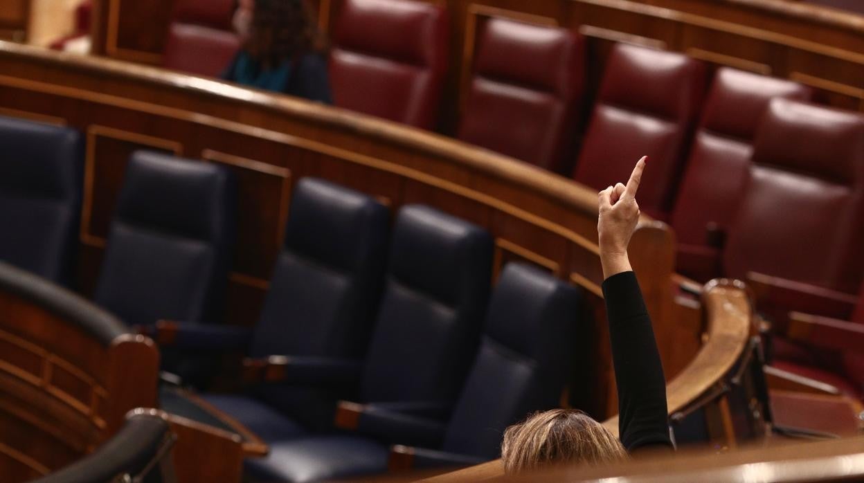 Una componente del hemiciclo vota durante una sesión plenaria en el Congreso de los Diputados ,