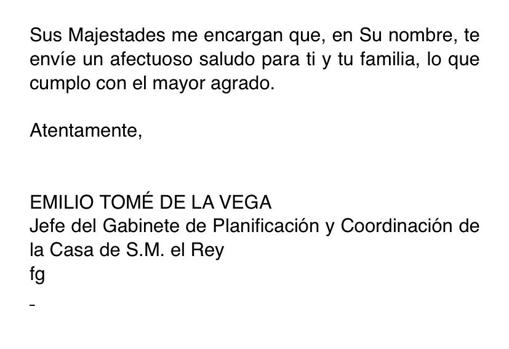 Carta enviada por la Casa Real a uno de los familiares afectados