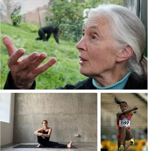 Arriba, la etóloga y mensajera de la paz de la ONU Jane Goodall. Abajo, a la izquierda, la fundadora y CEO de Zentro Urban Yoga, Mercedes de la Rosa, y la atleta Ana Peleteiro