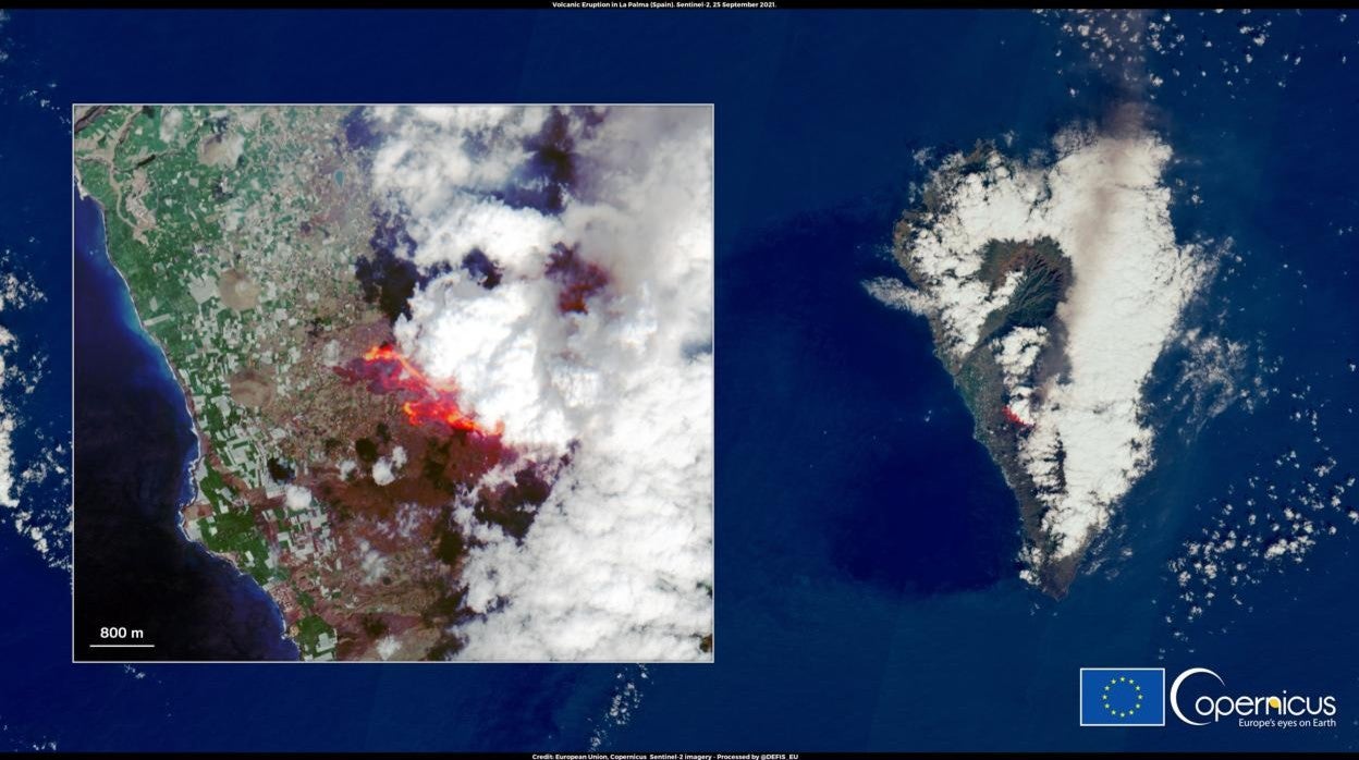 Imagen satélite del volcán de Cumbre Vieja, en La Palma, Canarias, España