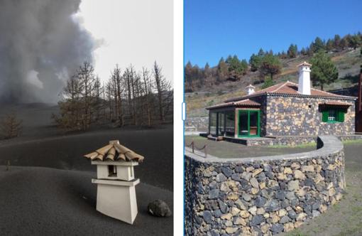 A la izquierda, la casa de Vicente Leal Jerónimo bajo las cenizas y a la izquierda, antes de que el volcán explotara