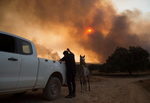 El impacto promedio de los incendios forestales en España es de 9,7 millones de toneladas de CO2 al año. En la imagen, un hombre salva a su caballo durante un incendio en Huelva el pasado verano.