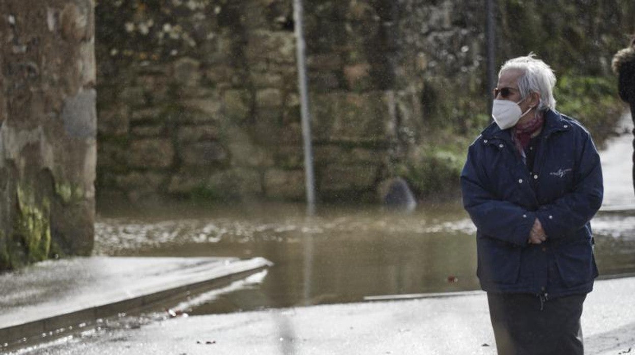 Una mujer observa el desborde del río Arga a su paso por Pamplona