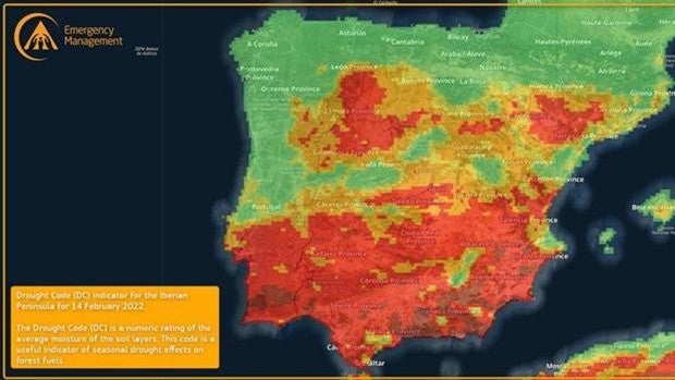 Imagen del satélite Copernicus, que muestra las zonas con mayor riesgo de propagación en caso de incendio en rojo