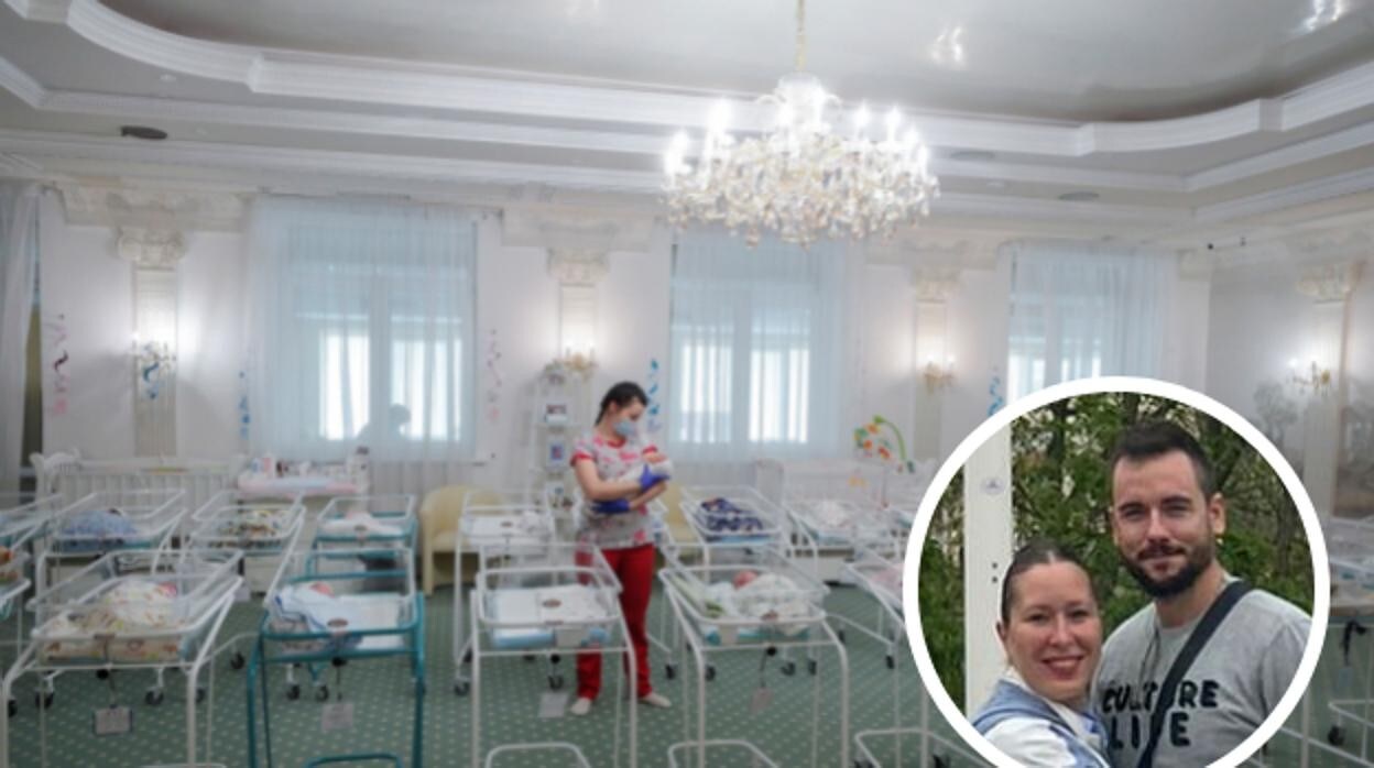 En grande, varios bebés varados en Ucrania por la pandemia. A la derecha, Vanesa y su marido