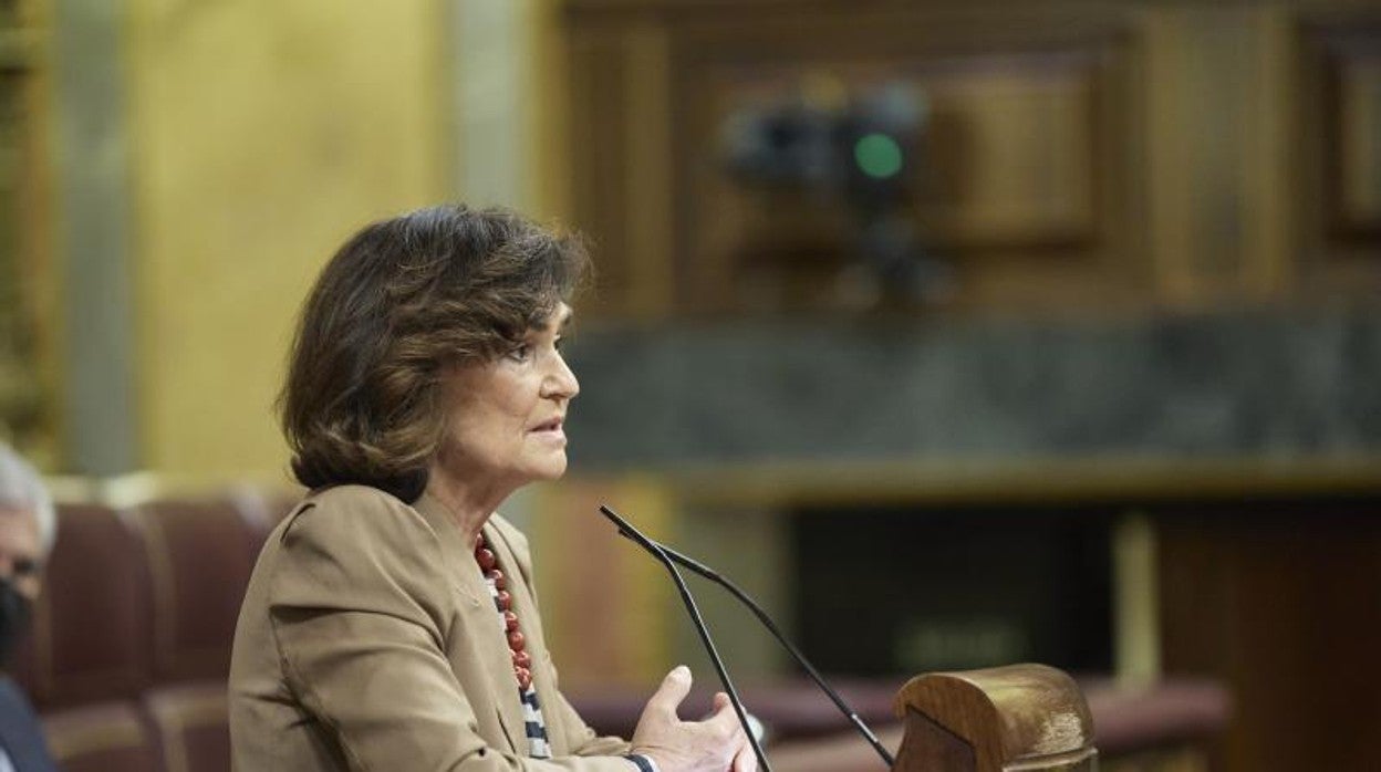 Carmen Calvo en un momento de su intervención de esta tarde