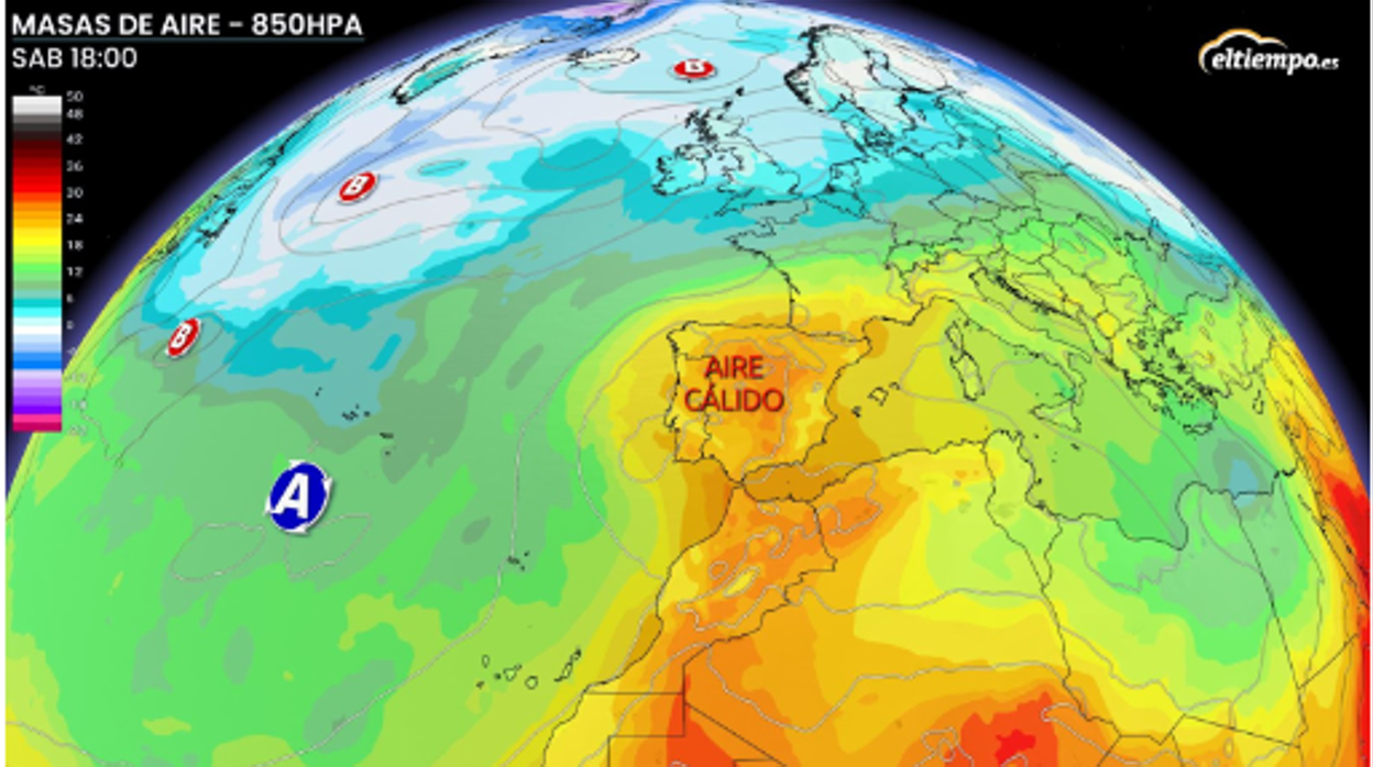 Predicción de la advección de aire cálido sahariano ara este sábado