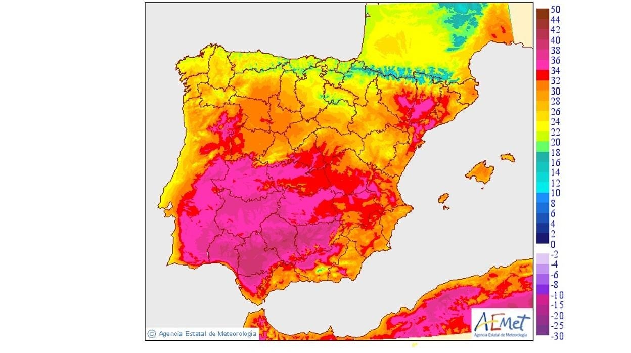 Temperaturas previstas para este jueces en la Península y Baleares