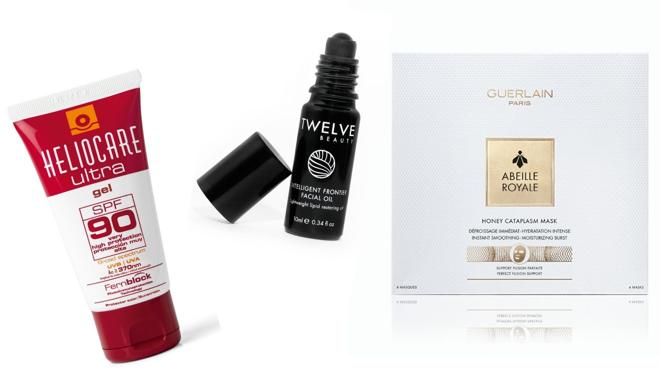 De izda. a dcha.: Protector solar Heliocare Ultra Gel SPF 90, de Cantabria Labs (26,05 €). Roll-On solucionador de problemas universal Intelligent Frontier de Twelve Beauty (75 €). Mascarilla hidratante Cataplasma de Miel de Abeille Royale, de Guerlain (110 €).