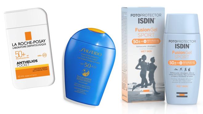 De izda. a dcha.: Fotoprotector de bolsillo Anthelios Pocket SPF 50+, de La Roche-Posay (11€). Protector Expert Sun Lotion SPF 50+, de Shiseido (49€). Fotoprotector corporal Isdin Fusion Gel Sport SPF 50 + (16,55€).