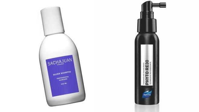 De izda. a dcha.: Champú para canas Silver Shampoo, de Sachajuan (25€). Tratamiento anti-canas, de Phyto Re30 (49€).