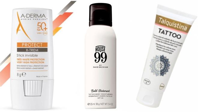 De izda. a dcha.: Stick Invisible 50+ Protect Xtrem, de A-Derma (14,88€). Hidratante corporal para tatuajes FPS 30, de House99 (C.P.V.). Crema potenciadora del colore de tatuajes, de Talquistina (8,90€).