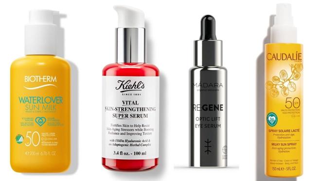 De izda a dcha.: WaterLover Sun Milk SPF 50 de Biotherm (22,75€). Vital Skin – Strengthening Super Serum de Kiehl’s (55€). Contorno de Ojos Re:Gene Optic Lift Eye Serum de Madara (37,95€). Spray Solar Lácteo SPF 50 de Caudalie (26,90€).
