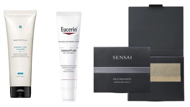 De izda. a dcha.: Gel limpiador reductor de poros Blemish + Age Cleanser de Skinceuticals (43€). Tratamiento con hidroxiácidos Eucerin Dermopure Oil Control (18,20€). Papel matificante Face Fresh Paper de Sensai (11,50€).