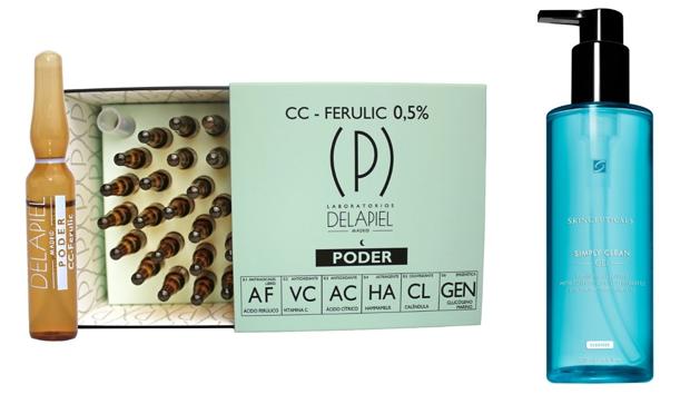 De izda. a dcha.: Ampollas antioxidantes y antiedad Poder CC – Ferulic 0,5 % de Laboratorios Delapiel (30,90€). Gel limpiador facial para piel normal y mixta Simply Clean Gel de Skinceuticals (34€).