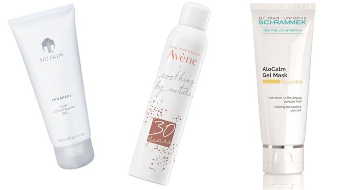 De izda. a dcha.: Gel acondicionador hidratante y calmante Enhancer de Nuskin (22,19€). Spray Agua Termal de Avène, calmante y suavizante (12€). Mascarilla con efecto anti-inflamatorio Alocalm Gel Mask de Dra. Schrammek (34 €)