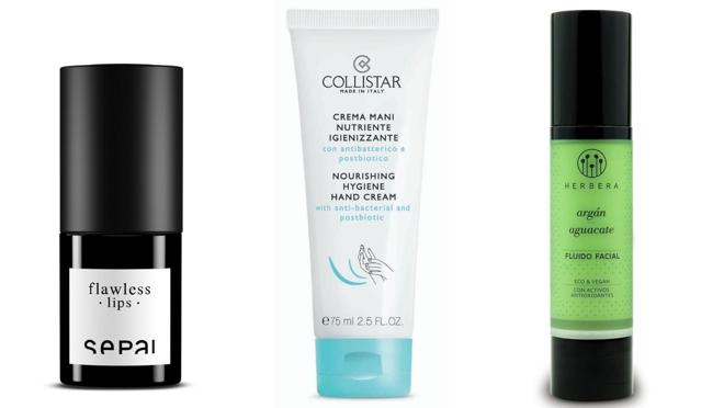 De izda. a dcha.: Tratamiento para los labios y su contorno Flawless Lip de Sepai (78 €). Crema de manos nutritiva y antibacteriana de Collister (19,25 €). Fluido Facial Argán y Aguacate de Herbera (32,50 €).