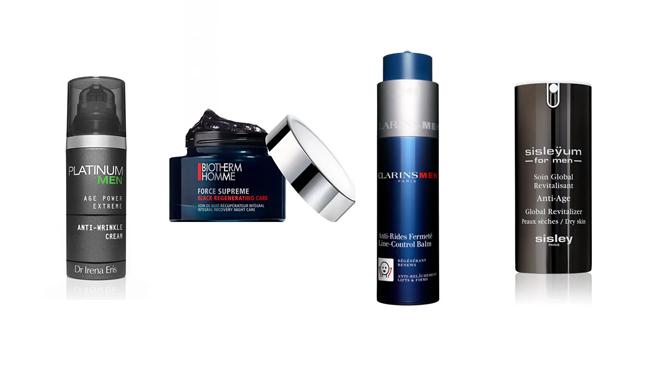 Crema antiarrugas Dr. Irena Eris (29,95€/50ml), crema regeneradora de Biotherm (49,95€/50ml), bálsamo antiarrugas de Clarins (39,95€/50ml) y tratamiento global antienvejecimiento Sisleÿaum de Sisley (127,95€). *Precios en Druni.