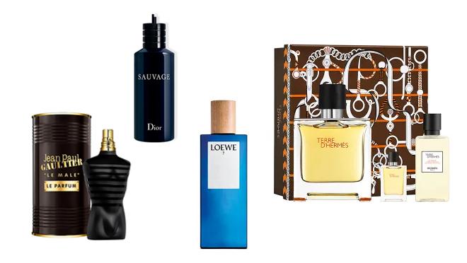 Le Male de Jean Paul Gaultier (59,95€/100ml), Sauvage de Dior recargable (129€/300ml), 7 de Loewe (43,95€/100ml) y Estuche Terre D´Hermès (79,95€). *Precios en Druni.