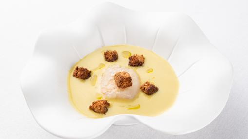 Vieira con crema de calabaza con toque de eneldo y picatostes de semillas