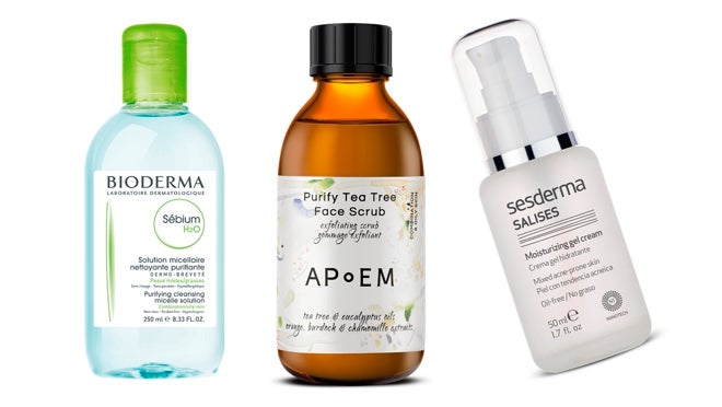 De izquierda a derecha: Sébium Agua Micelar de Bioderma para pieles acneicas, mixtas y grasas (15,95 €); Exfoliante facial Detox Face Scrub de Apoem para pieles mixtas y grasas (39 €); Salises Crema gel hidratante para pieles mixtas y grasas de Sesderma (44,95 €).
