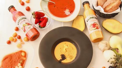 Variedades de gazpacho de fresón, mango y cereza