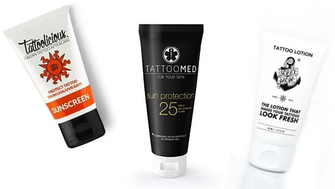 De izda. a dcha.: protector solar para tatuajes Tattoolicious Sunscreen, loción para tatuajes Sorry Mom Tattoo 40ml y tattooMed Sun Protection Protector solar para tatuajes