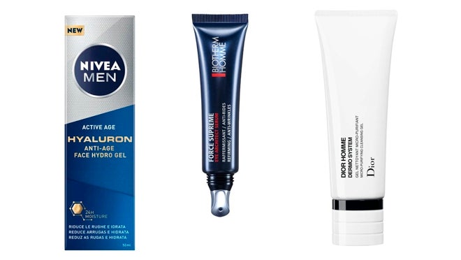 De izquierda a derecha: Nivea Men Gel facial hidratante antiedad Hyaluron (11,95 €); Contorno de ojos reafirmante y antiarrugas Force Supreme Eye Architect Serum de Biotherm Homme (45 €); Loción limpiadora Dior Homme Dermo System Gel Nettoyant Micro-Purifiant (41,99 €).