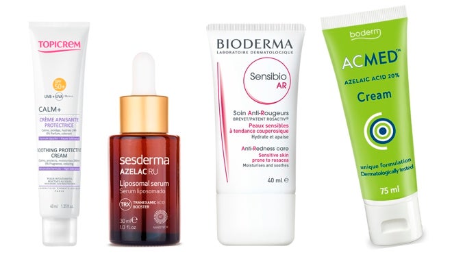 De izquierda a derecha: Crema solar Calm+ SPF 50 de Topicrem (17,95 €); Sérum despigmentante Azelac Ru de Sesderma (40,95 €); Crema hidratante anti-rojeces Sensibio AR de Bioderma (19,95 €); Tratamiento seborregulador y matificante Acmed Cream de Olyan farma (22,35 €).