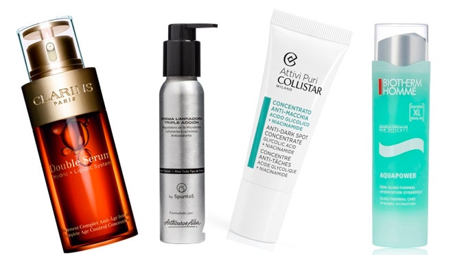 De izquierda a derecha: Doble Sérum de Clarins, con 21 activos para reparar la piel (146 €); Crema Limpiadora Triple Acción y efecto antiox de 5punto5 (28 €); Concentrado antimanchas con ácido glicólico y niacinamida de Collistar (30 €); Gel hidratante Aquapower de Biotherm Homme (33,80 €).