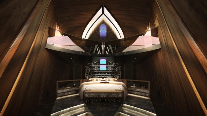 Suite principal del Bond Girl, un yate con interiores inspirados en Hollywood