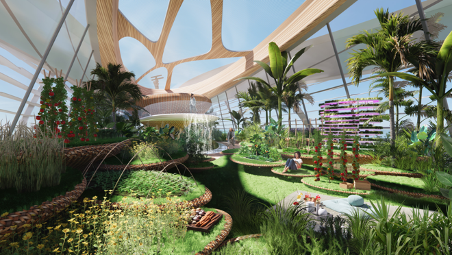 En lugar de salón interior dispone de un jardín ecológico con plantas, frutas y verduras