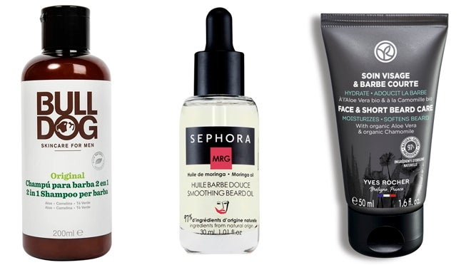De izquierda a derecha: Champú para barba 2 en 1 Original de Bulldog (7,95 €); Aceite de barba suave de Sephora Collection (13,99 €, solo en Sephora); Tratamiento rostro y barba de Yves Rocher (16,50 €).
