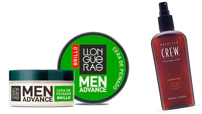 Cera de peinado brillante Men Advanced de Llongueras (2,99 €); y Spray de fijación flexible Alternator de American Crew (15,25 €).