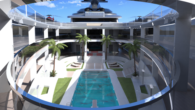 La zona que más llama la atención es el atrio con piscina y jardín