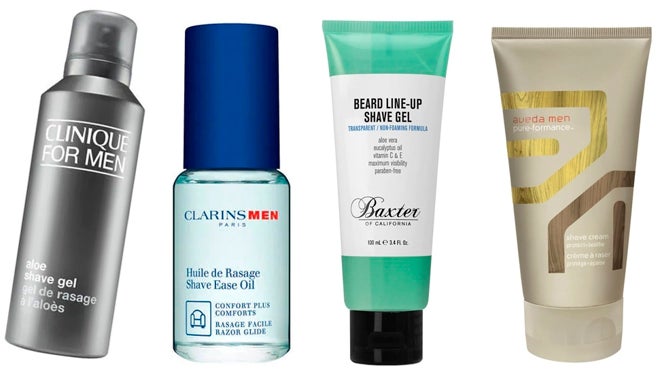 De izquierda a derecha: Gel de afeitado con Aloe de Clinique For Men (22,50 €); Aceite de afeitado de Clarins Men (36,75 €); Gel de afeitado transparente Beard Line-Up Shave Gel de Baxter of California (17,99 €, en Sephora).; Crema de afeitado para preparar la piel Men Pure Formance Shave Cream de Aveda (24,99 €, en Sephora).