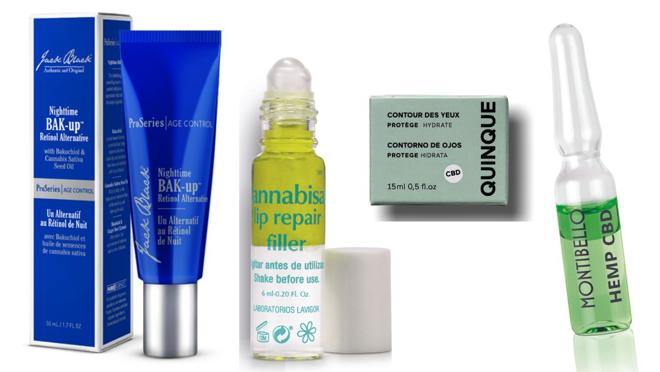 Crema nocturna Nightime Bak-up con bakuchiol y cannabis sativa de Jack Black (65 €); Suero labial bifásico de Cannabisan (22,70 €); Contorno de ojos con CBD de Quinque (28 €); Ampollas faciales Skin Expert Hemp CBD de Montibello (25,55 €, 7 viales).