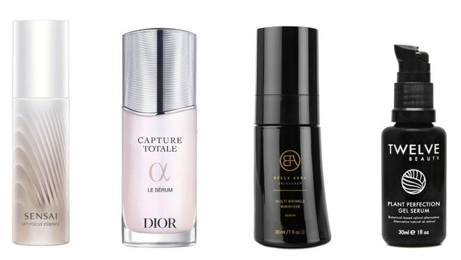 De izquierda a derecha: Lift Focus Essence de Sensai (210 €); Capture Totale Le Serum de Dior (145 €); Suero antiarrugas y reafirmante Multi Wrinkle Minimizer de Bella Aura (155 €), Plant Perfection Gel Serum de Twelve Beauty (96 €).