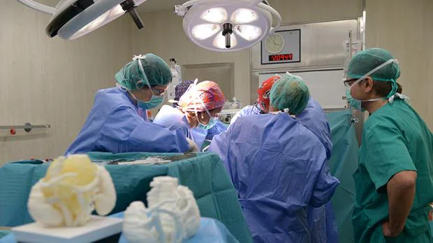 Imagen de archivo de un momento de una operación de un tumor a un niño de 5 años con el modelo en 3D en primer término