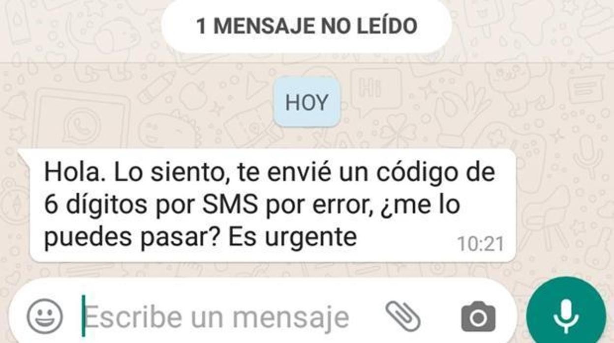 Ejemplo de la estafa de WhatsApp para robar la cuenta de la víctima