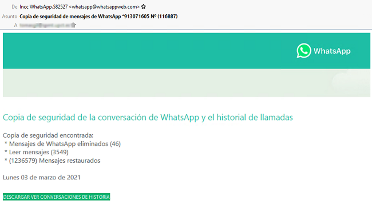 Así es el correo en el que los ciberdelincuentes suplantan a WhatsApp