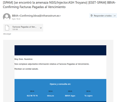 Correo de 'phishing' en el que se hacen pasar por el BBVA