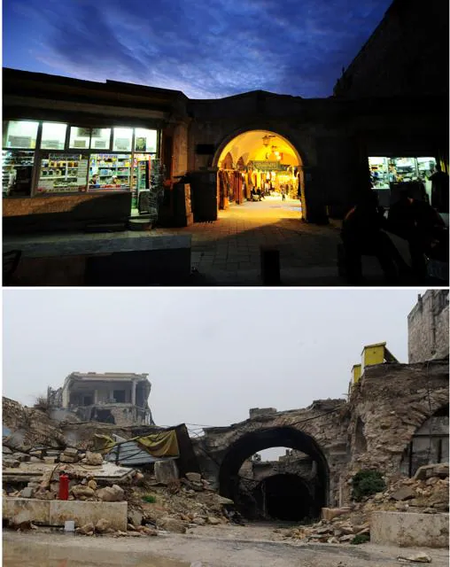 Entrada al zona al-Zarab, en la ciudad vieja de Alepo, en 2008 y en la actualidad