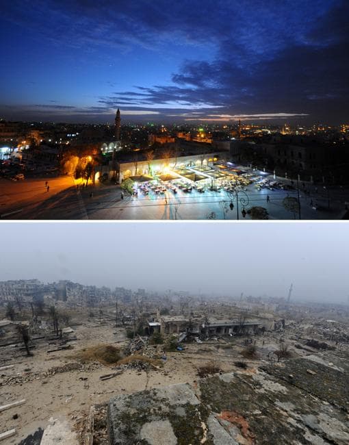 Vista de la ciudad antigua de Alepo, en 2008 y en diciembre de 2016